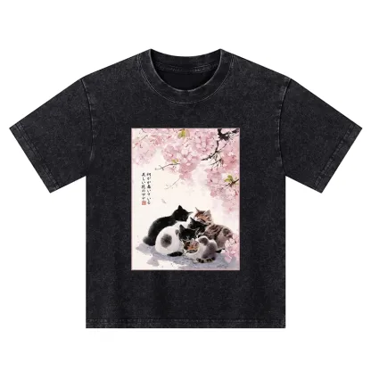 Tokyo-Tiger Cute Cats Sakura Garden Kids Washed T-Shirt