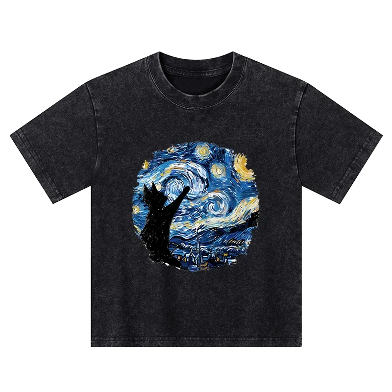 Tokyo-Tiger Starry Night Black Cat Kids Washed T-Shirt