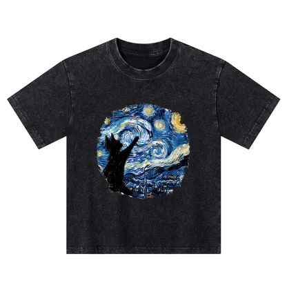 Tokyo-Tiger Starry Night Black Cat Kids Washed T-Shirt