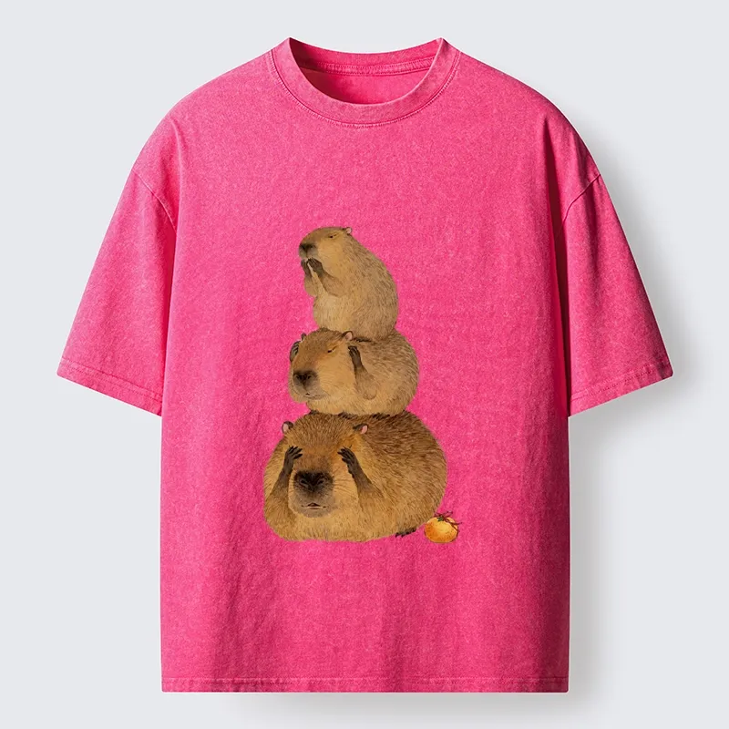 Tokyo-Tiger Capybara Hear No Evil Meme Washed T-Shirt