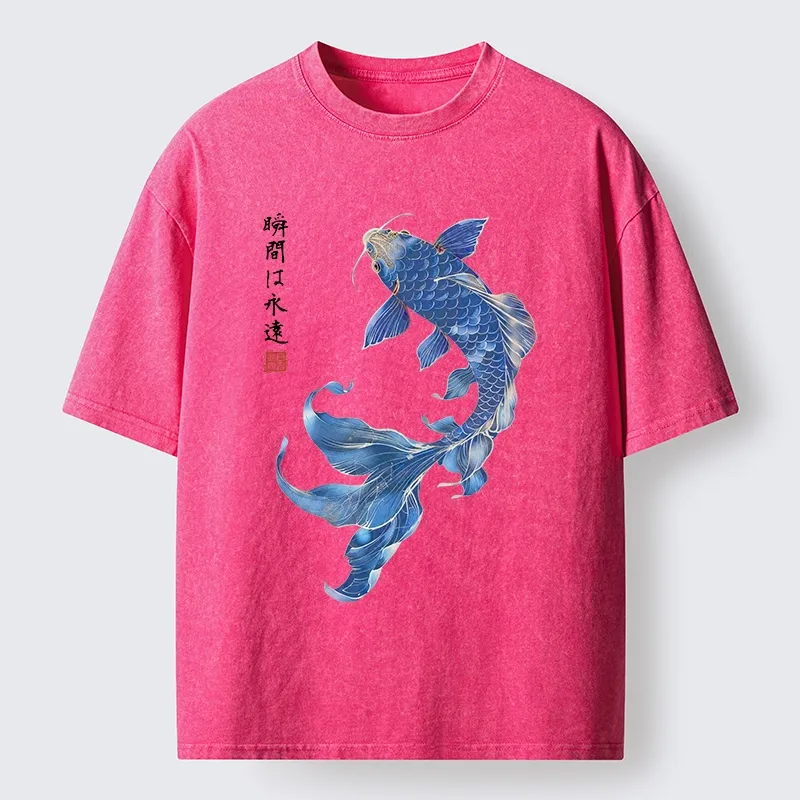 Tokyo-Tiger Lucky Blue Koi Fish Art Washed T-Shirt