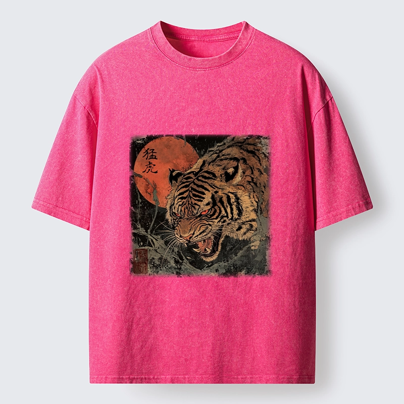 Tokyo-Tiger Fierce Tiger Red Moon Art Washed T-Shirt