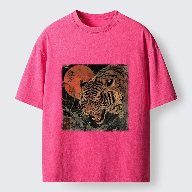 Tokyo-Tiger Fierce Tiger Red Moon Art Washed T-Shirt