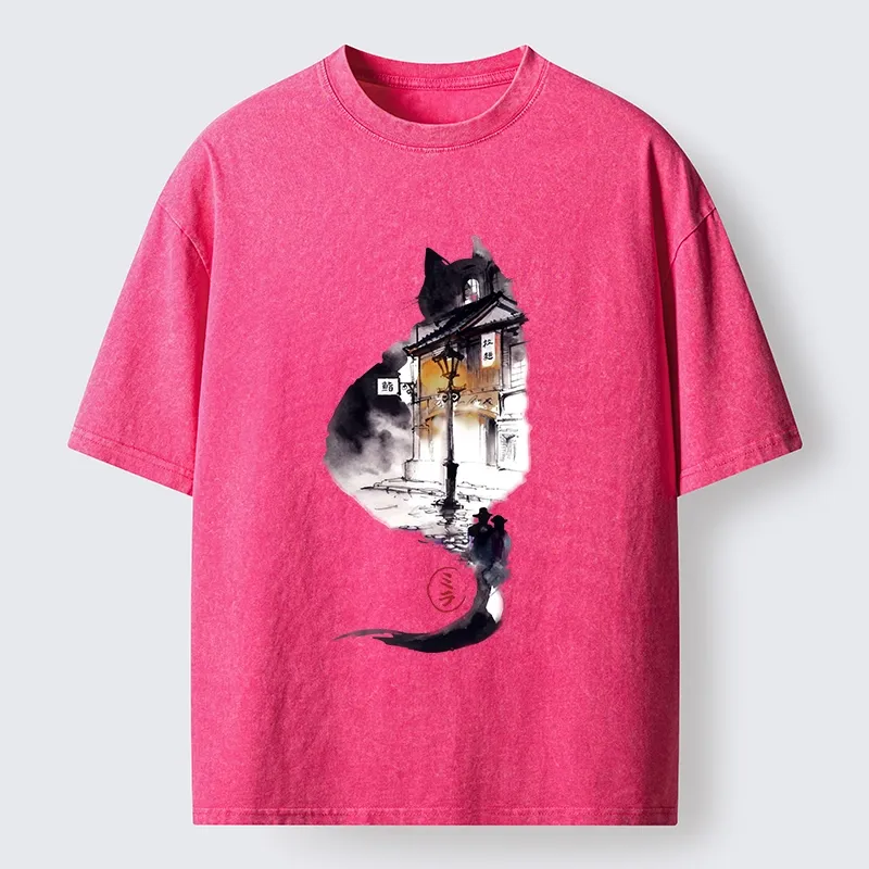 Tokyo-Tiger Black Cat Night Street Silhouette Washed T-Shirt