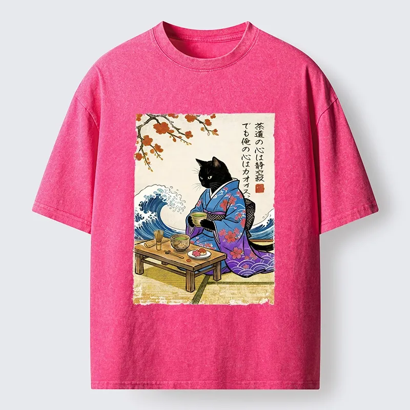 Tokyo-Tiger Black Cat Tea Ceremony Japan Washed T-Shirt
