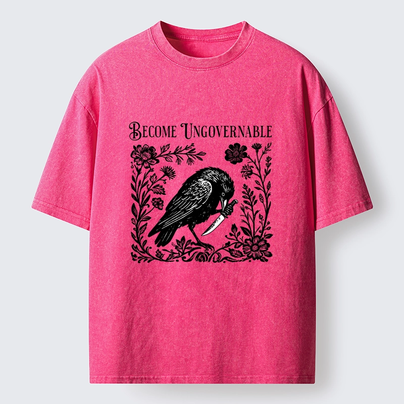 Tokyo-Tiger Crow With Knife Floral Print Washed T-Shirt