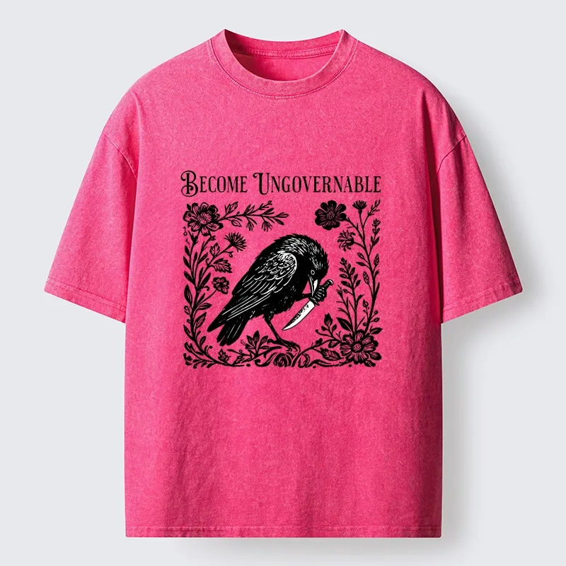 Tokyo-Tiger Crow With Knife Floral Print Washed T-Shirt