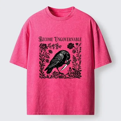 Tokyo-Tiger Crow With Knife Floral Print Washed T-Shirt