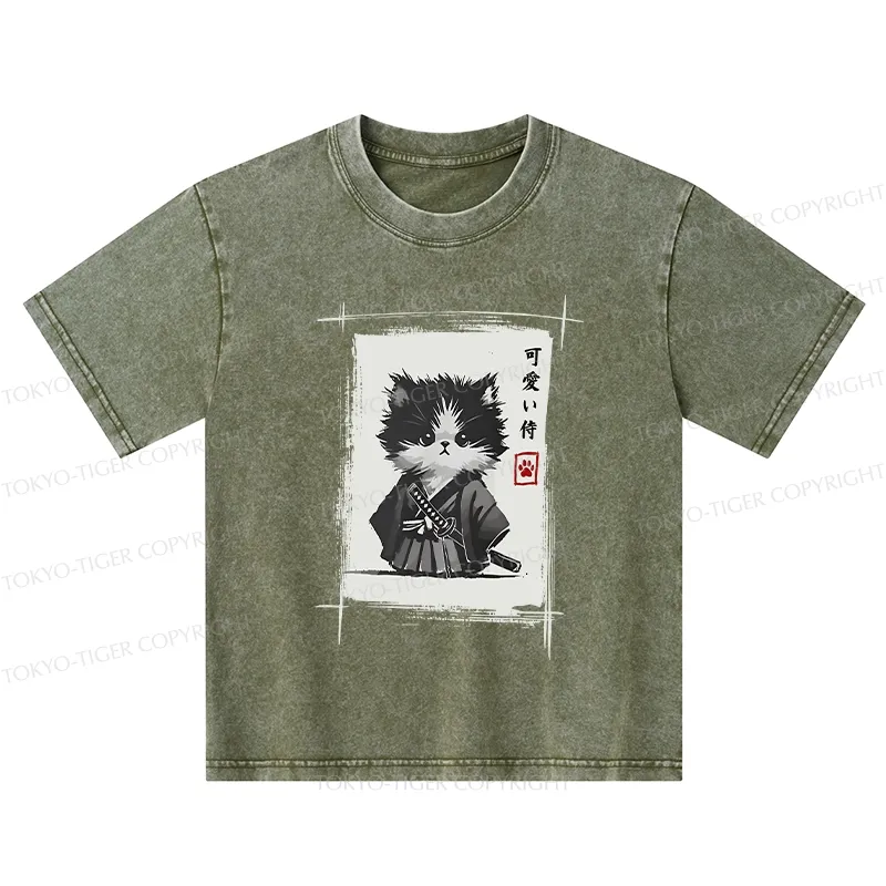 Tokyo-Tiger Kitten Samurai Kids Washed T-Shirt