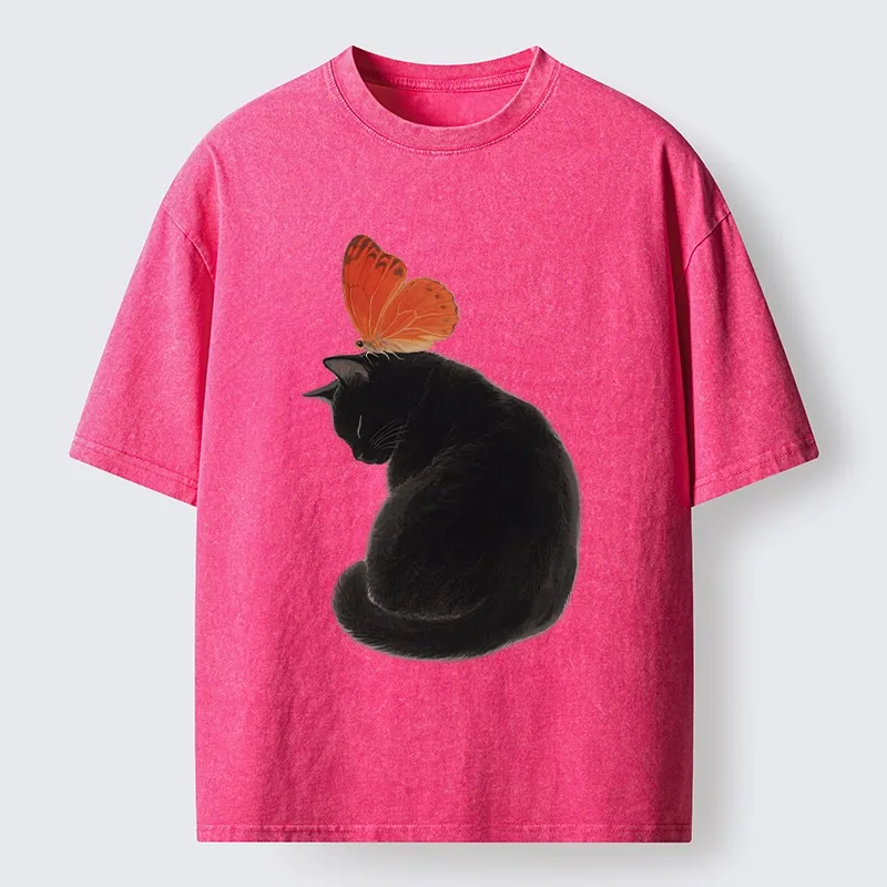 Tokyo-Tiger Black Cat With Orange Butterfly Washed T-Shirt