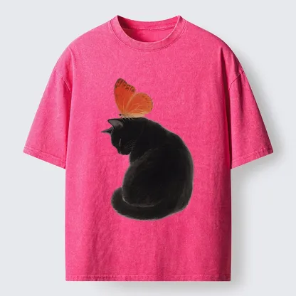 Tokyo-Tiger Black Cat With Orange Butterfly Washed T-Shirt