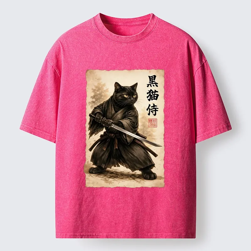 Tokyo-Tiger Black Cat Samurai Warrior Art Washed T-Shirt