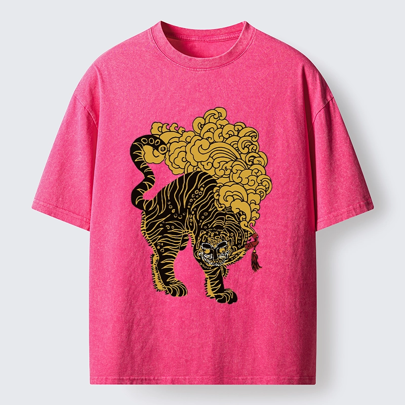 Tokyo-Tiger Black And Gold Tiger With Clouds Washed T-Shirt