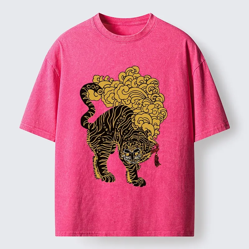 Tokyo-Tiger Black And Gold Tiger With Clouds Washed T-Shirt