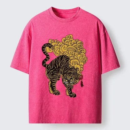 Tokyo-Tiger Black And Gold Tiger With Clouds Washed T-Shirt