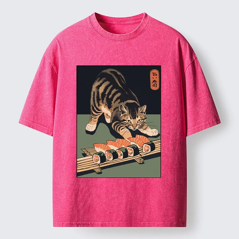 Tokyo-Tiger Cat Trying To Steal Sushi Washed T-Shirt