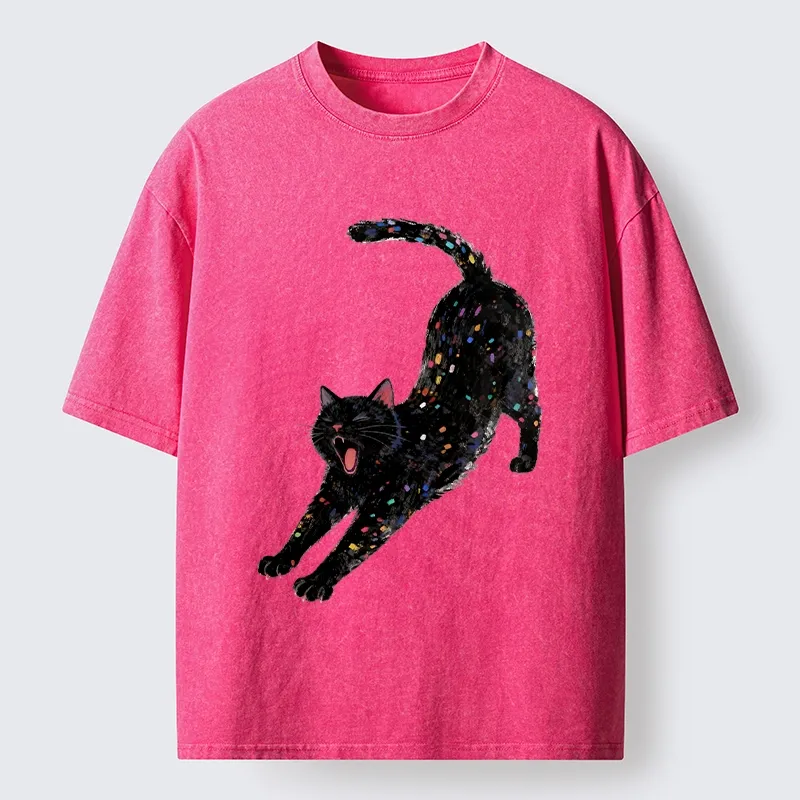 Tokyo-Tiger Dreamy Black Cat Yawning And Stretching Washed T-Shirt