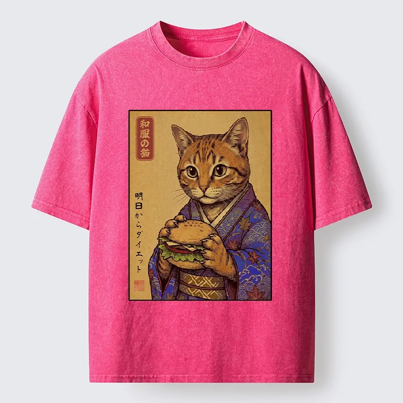 Tokyo-Tiger Kimono Cat Eating A Burger Washed T-Shirt