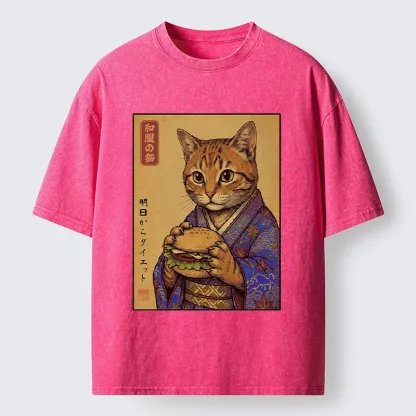 Tokyo-Tiger Kimono Cat Eating A Burger Washed T-Shirt