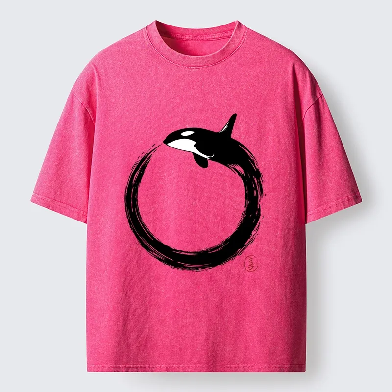 Tokyo-Tiger Orca In Black Ink Circle Washed T-Shirt