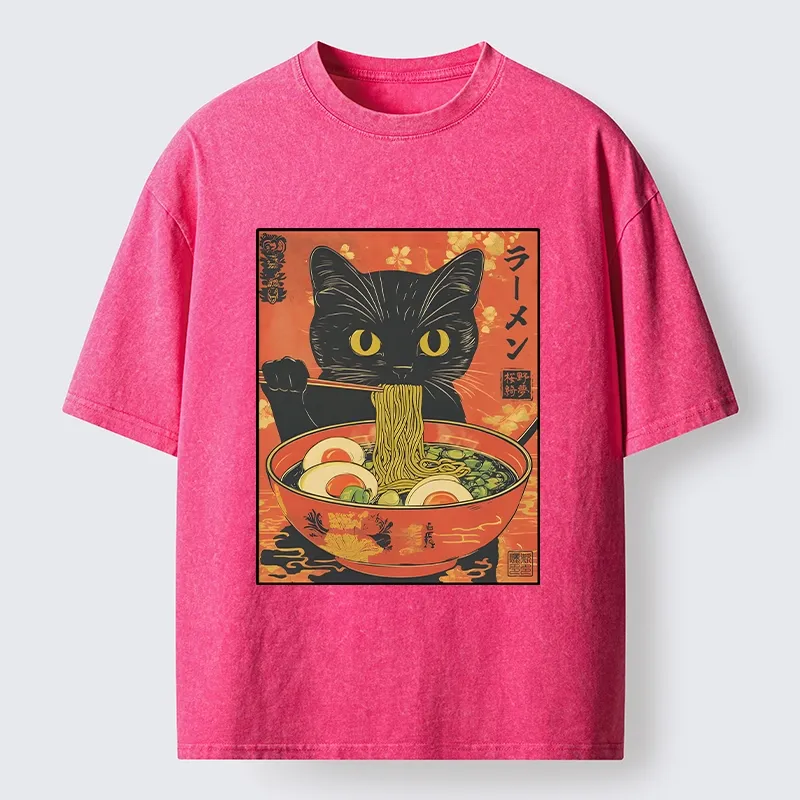 Tokyo-Tiger Hungry Black Cat Loves Ramen Washed T-Shirt