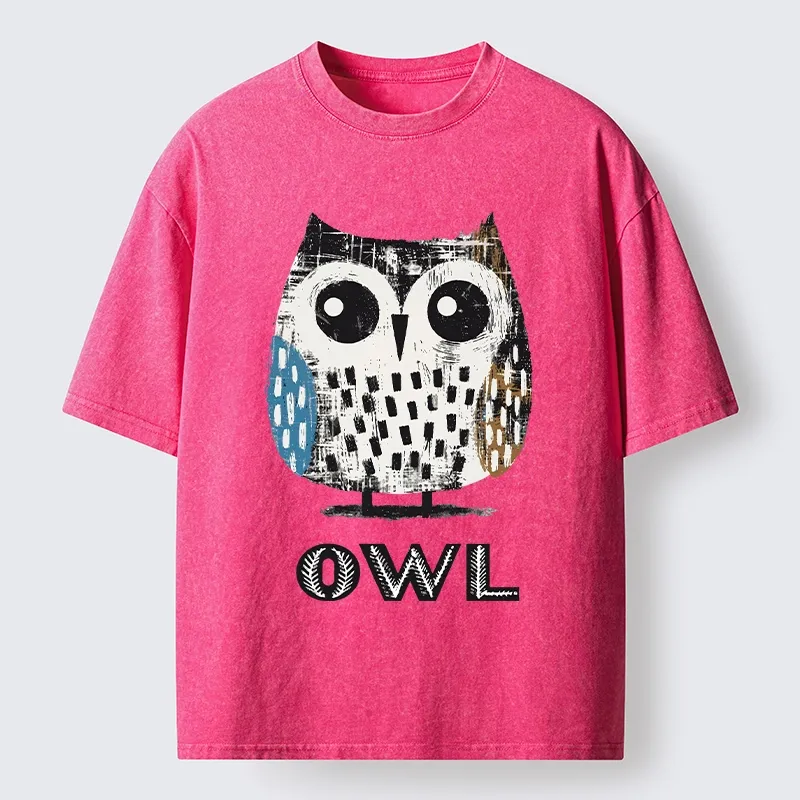 Tokyo-Tiger Minimalist Owl Illustration Print Washed T-Shirt