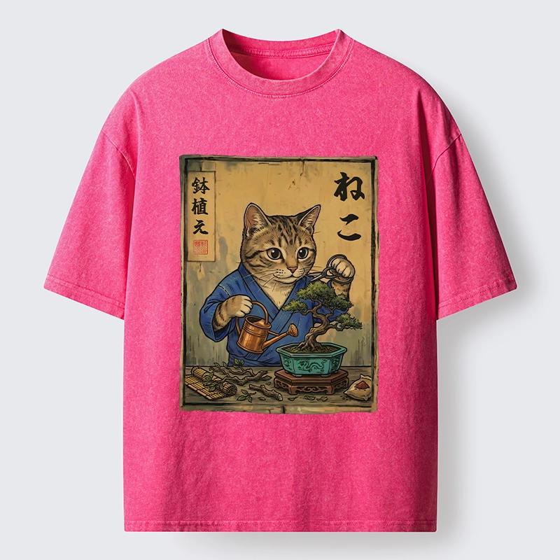 Tokyo-Tiger Cat Mastering Bonsai Art Washed T-Shirt