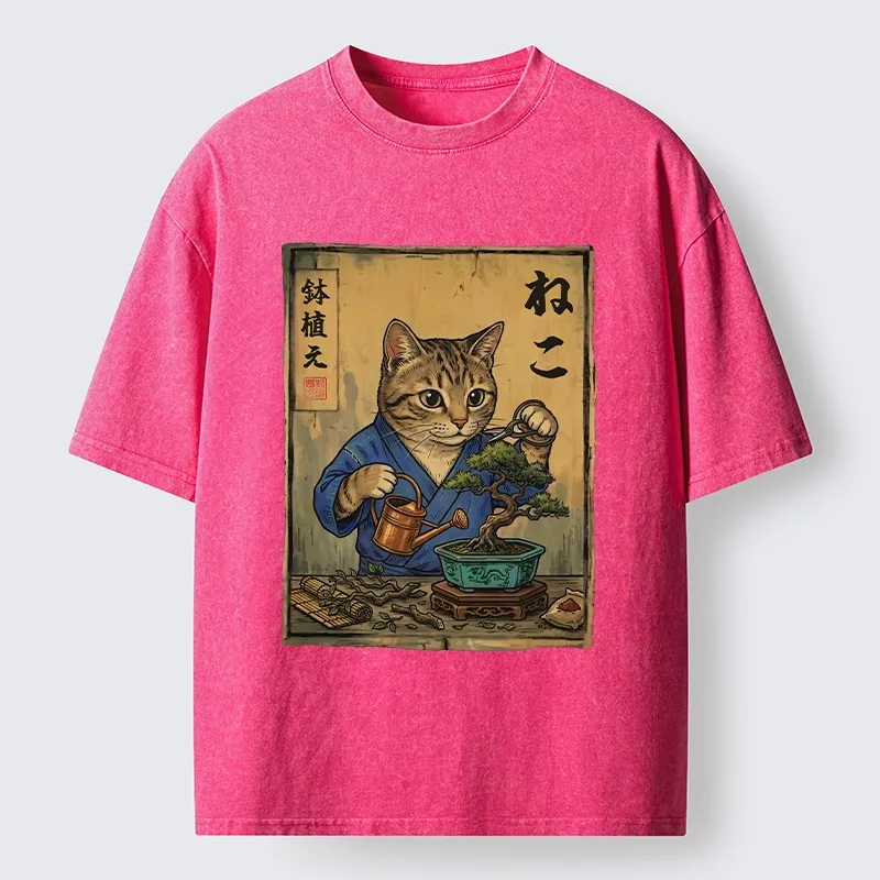 Tokyo-Tiger Cat Mastering Bonsai Art Washed T-Shirt