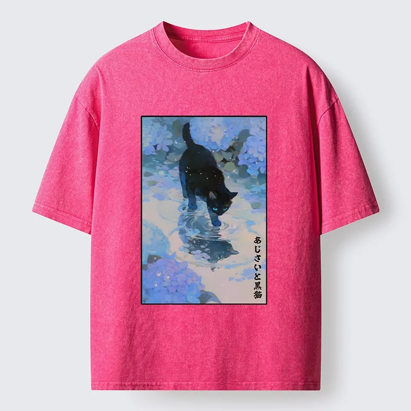 Tokyo-Tiger Midnight Cat In The Blue Rain Washed T-Shirt