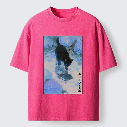 Tokyo-Tiger Midnight Cat In The Blue Rain Washed T-Shirt