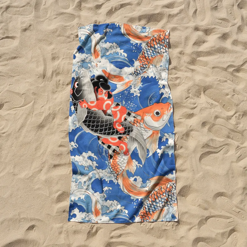 Tokyo-Tiger Sumo Wrestler Holding A Koi Beach Towel Sale