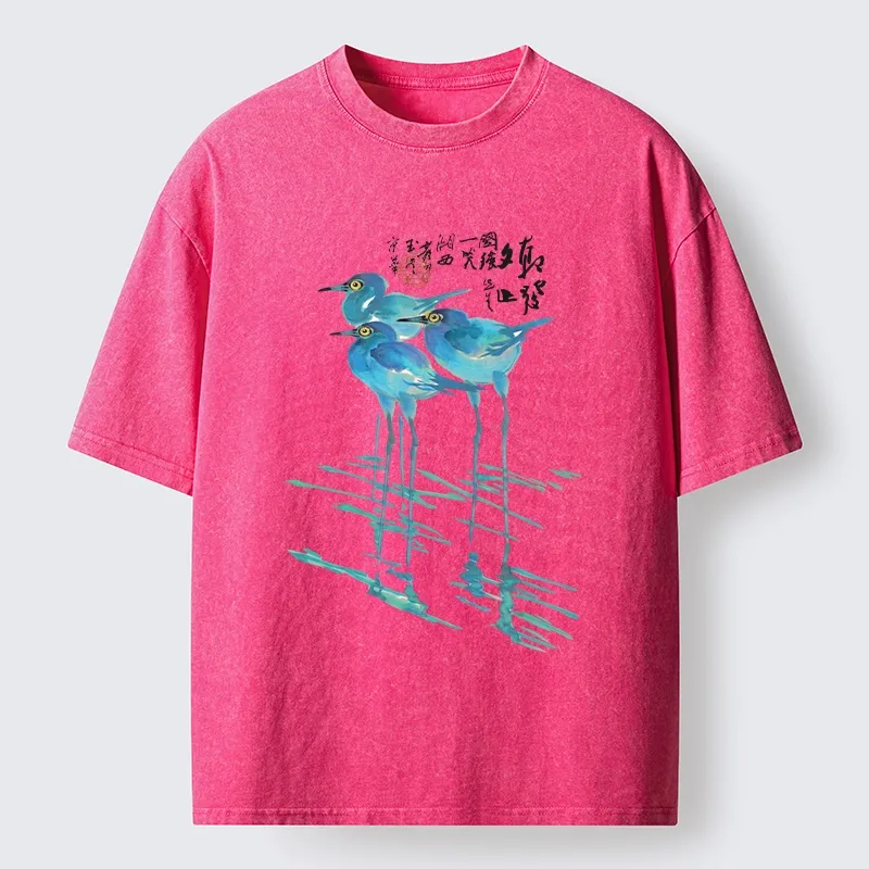 Tokyo-Tiger Watercolor Herons In Reeds Washed T-Shirt