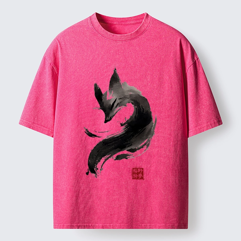 Tokyo-Tiger Japanese Ink Wash Fox Art Washed T-Shirt