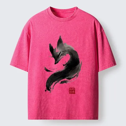 Tokyo-Tiger Japanese Ink Wash Fox Art Washed T-Shirt