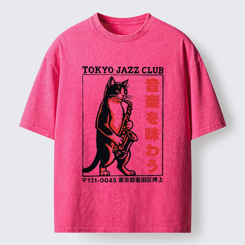 Tokyo-Tiger Retro Jazz Cat Poster Washed T-Shirt