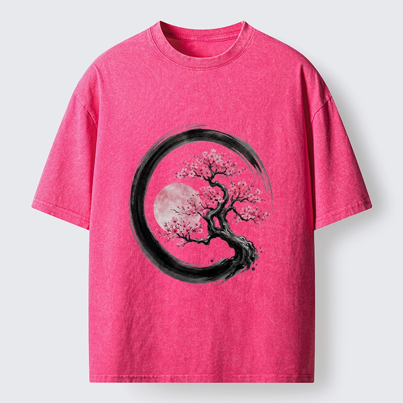 Tokyo-Tiger Zen Sakura Tree With Pink Moon Washed T-Shirt