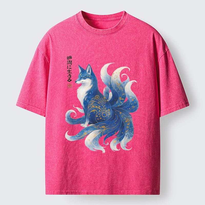 Tokyo-Tiger Serene Fox In Japanese Ink Style Washed T-Shirt