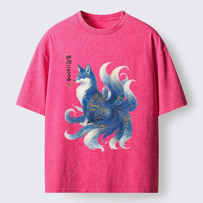 Tokyo-Tiger Serene Fox In Japanese Ink Style Washed T-Shirt