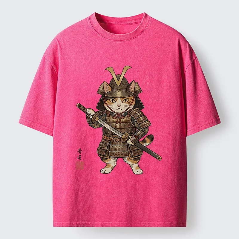 Tokyo-Tiger Samurai Cat With Katana Sword Washed T-Shirt