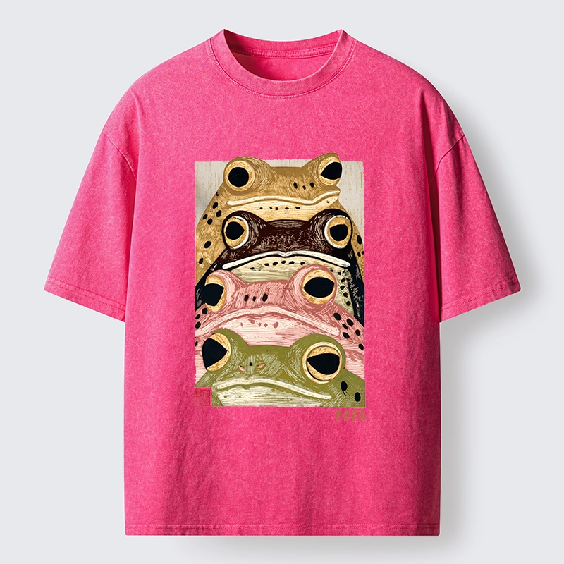 Tokyo-Tiger Whimsical Multi Colored Frog Art Washed T-Shirt