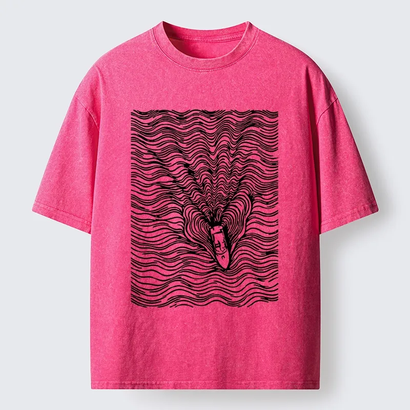 Tokyo-Tiger Line Art Boat On The Ocean Washed T-Shirt