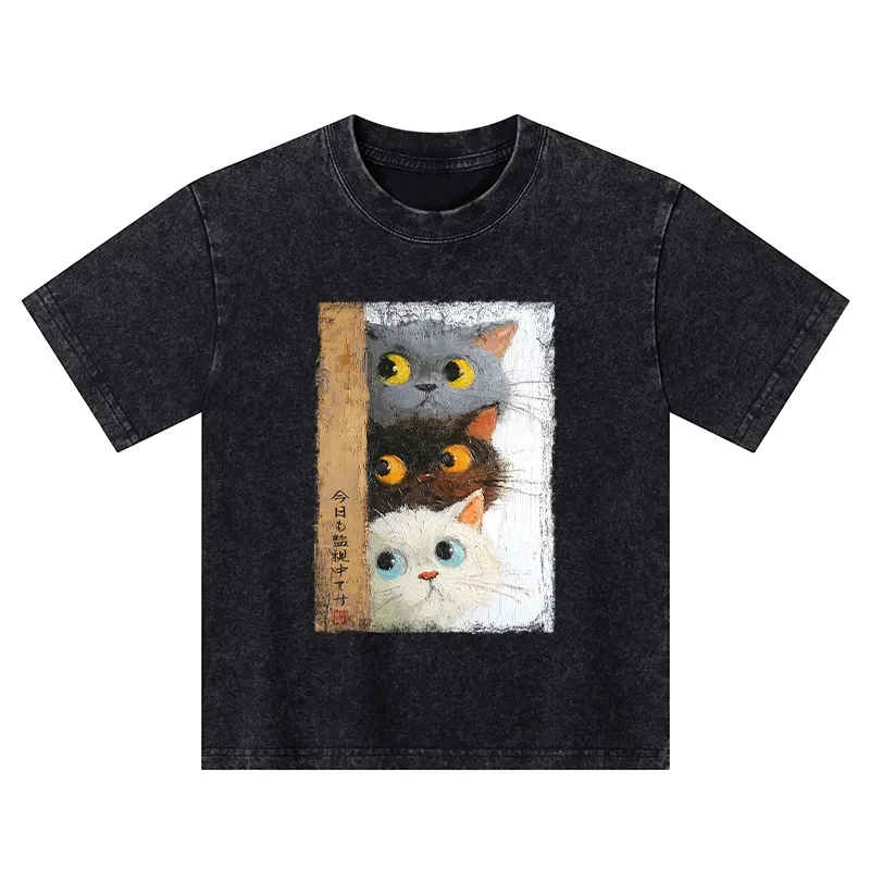 Tokyo-Tiger Three Cute Cats Watch You Kids Washed T-Shirt