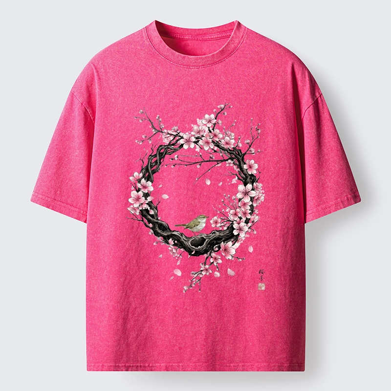 Tokyo-Tiger Sakura Wreath And Little Bird Washed T-Shirt