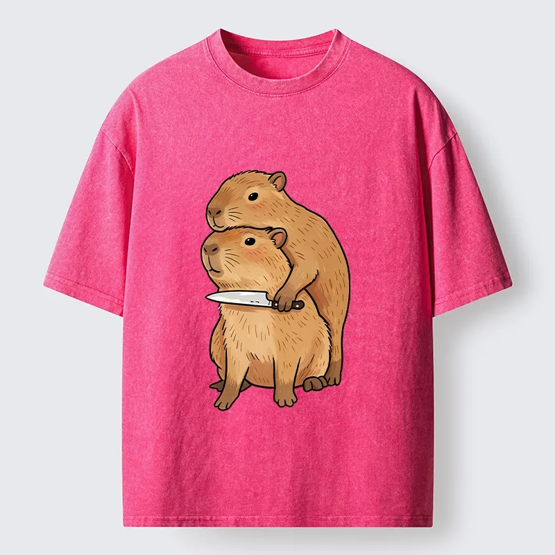Tokyo-Tiger Capybara With Knife Funny Meme Washed T-Shirt