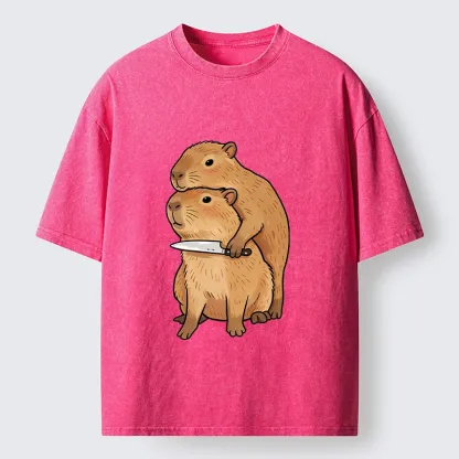 Tokyo-Tiger Capybara With Knife Funny Meme Washed T-Shirt