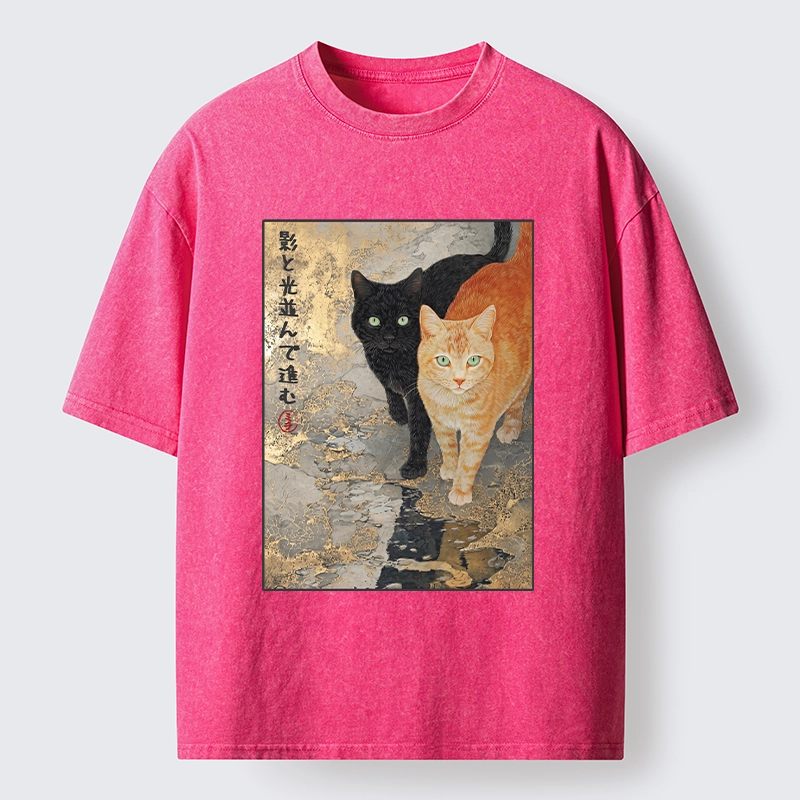 Tokyo-Tiger Japanese Gold Leaf Cat Print Meme Washed T-Shirt