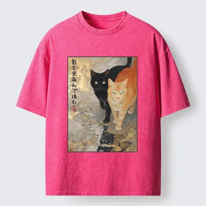Tokyo-Tiger Japanese Gold Leaf Cat Print Meme Washed T-Shirt