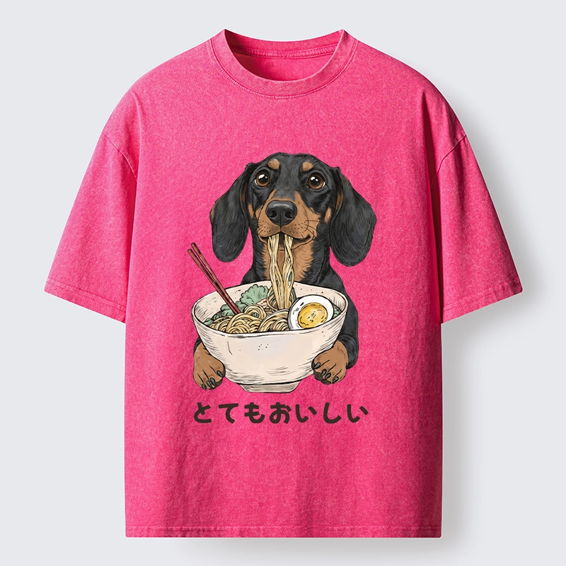 Tokyo-Tiger Cute Dog Eating Noodles Art Meme Washed T-Shirt