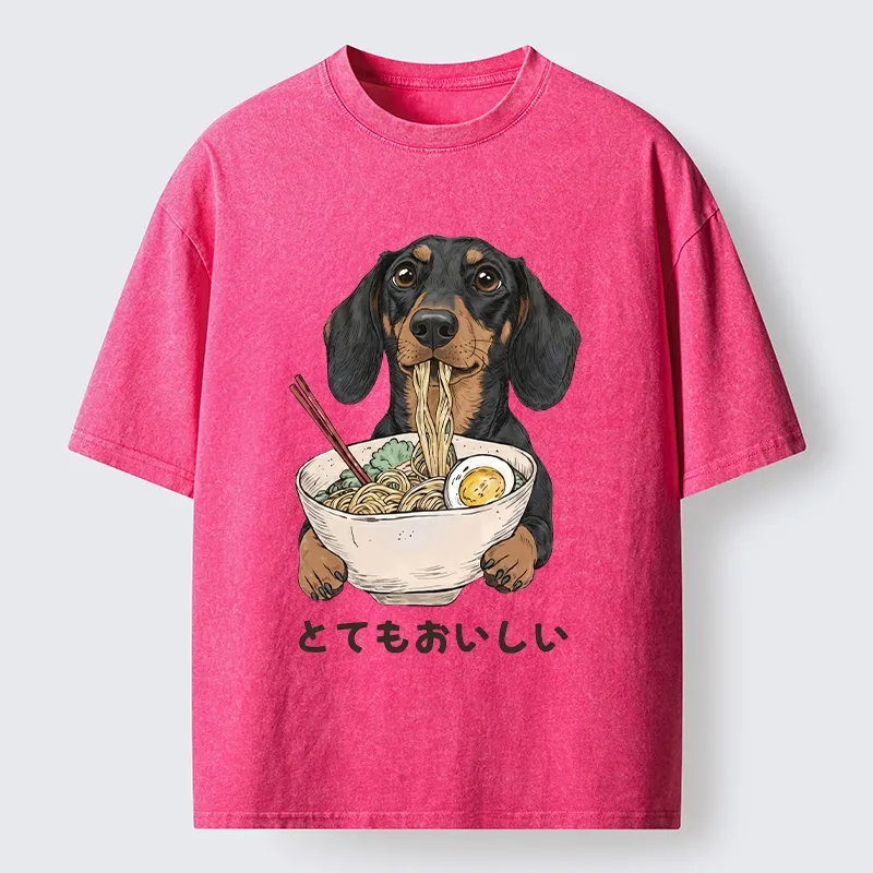 Tokyo-Tiger Cute Dog Eating Noodles Art Meme Washed T-Shirt