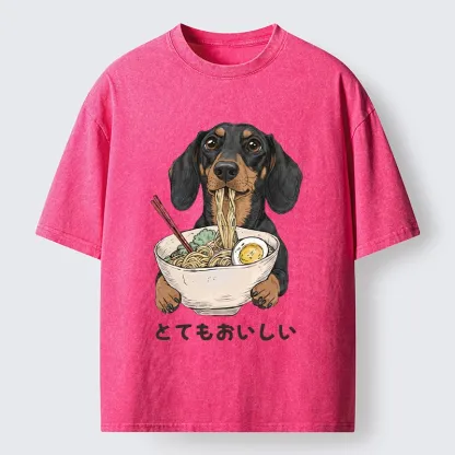 Tokyo-Tiger Cute Dog Eating Noodles Art Meme Washed T-Shirt
